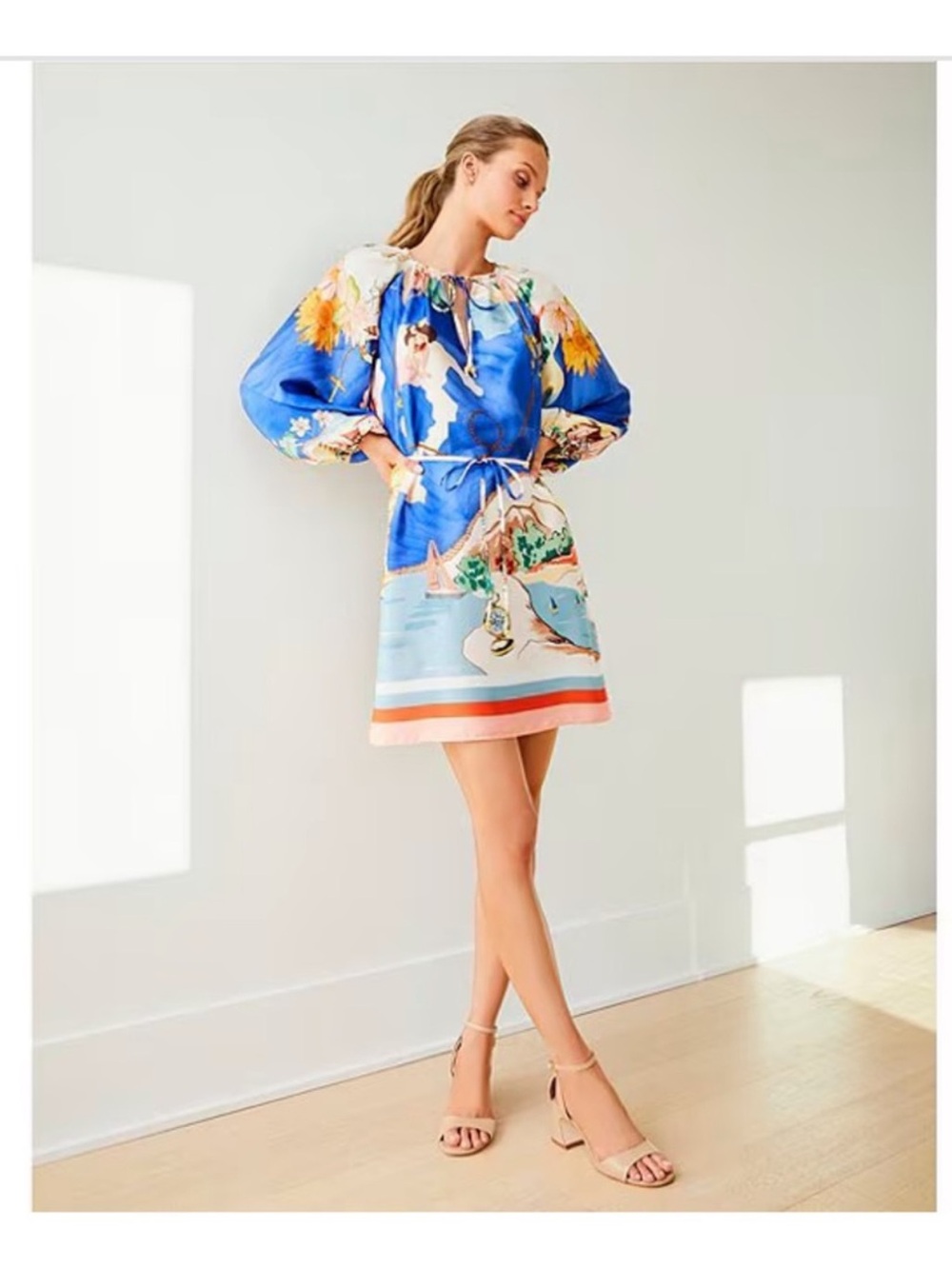 NWT Antonio Melani Raffaella Key Hole Tie Neck Long Sleeve Belted Mini Dress